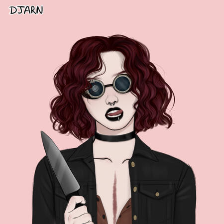 Same image as before accept the persons mouth is now open, they are wearing traditional steampunk goggles and they are holding a knife