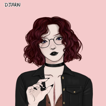 A bust of a person who is white with blue eyes, glasses and short red hair. They have black lipstick and a silver lip and nose piercing. They're wearing an open jacket and a shirt open enough to see a vertical scar on their chest