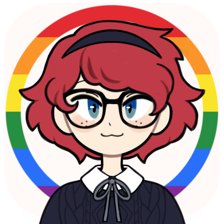 A bust of a person in front of a white background with a rainbow circle around them. They are white with blue eyes and freckles. They have short red hair with a black headband and black square glasses. They wear a black sweater over a white collared shirt